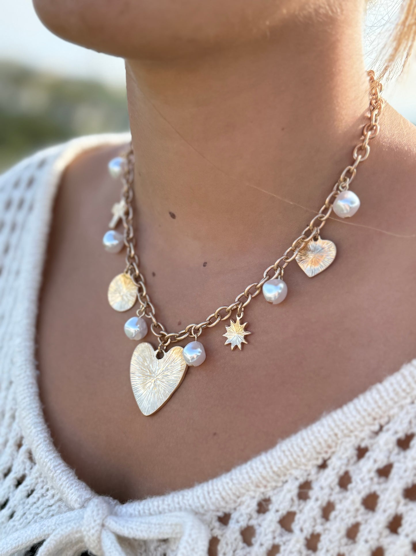Gold Heart Charm Necklace with Pearls, Sunburst Pendant, Chunky Chain, Layering Jewelry