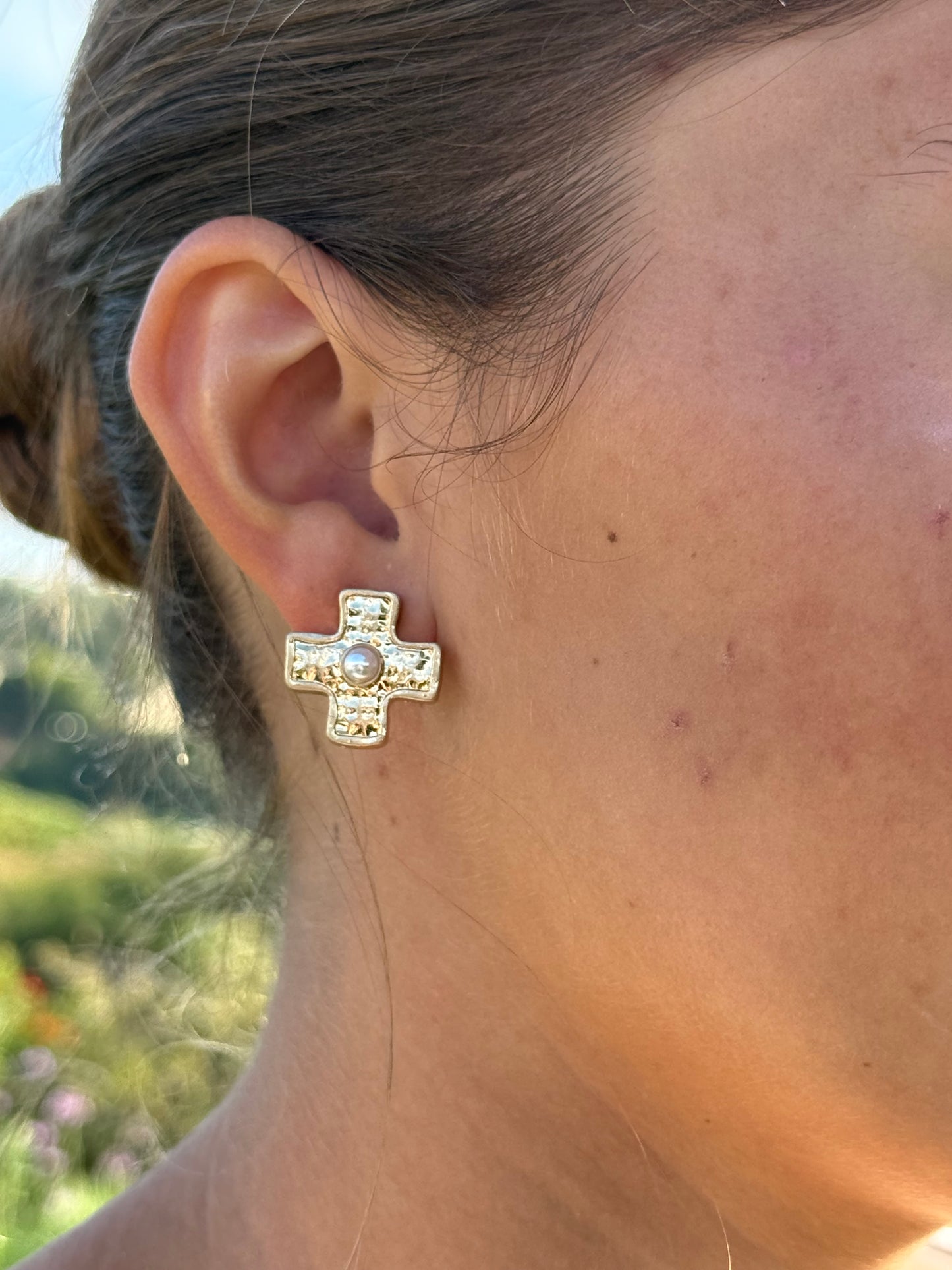 Gold Textured Cross Stud Earrings with Faux Pearl | Vintage Faith Jewelry