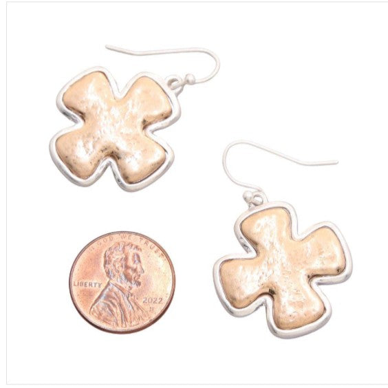 Two Tone Gold and Silver Cross Dangle Earrings
