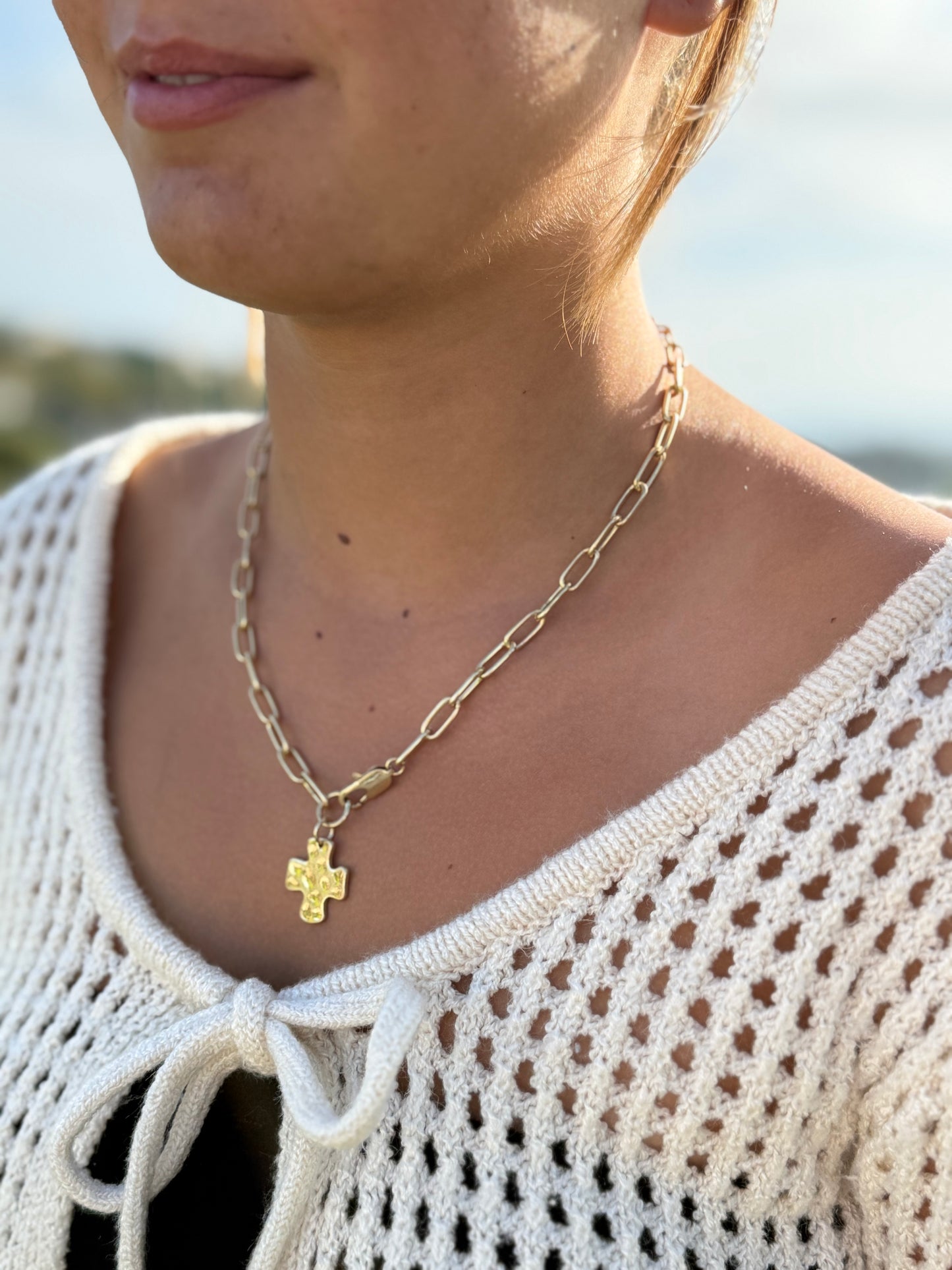 Hammered Gold Cross Necklace, Minimalist Paperclip Chain, Dainty Faith Jewelry