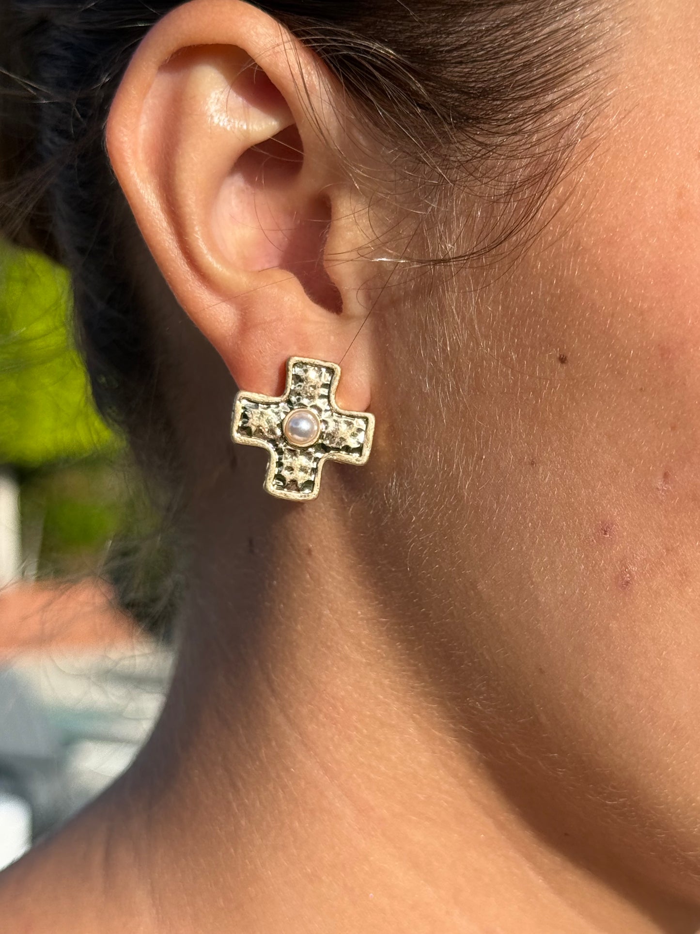Gold Textured Cross Stud Earrings with Faux Pearl | Vintage Faith Jewelry