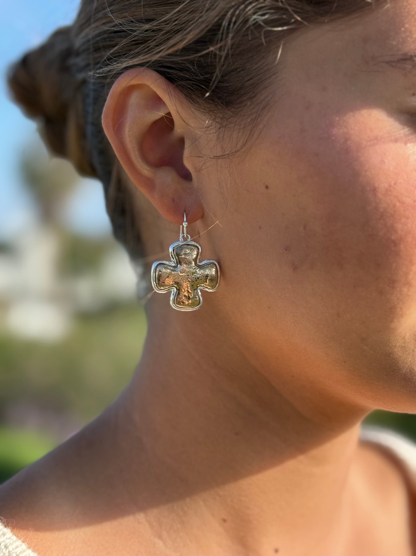 Two Tone Gold and Silver Cross Dangle Earrings