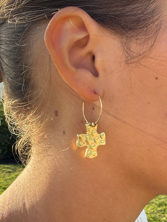 Hammered Gold Plated Cross Hoop Earrings, Faith Jewelry, Minimalist Style