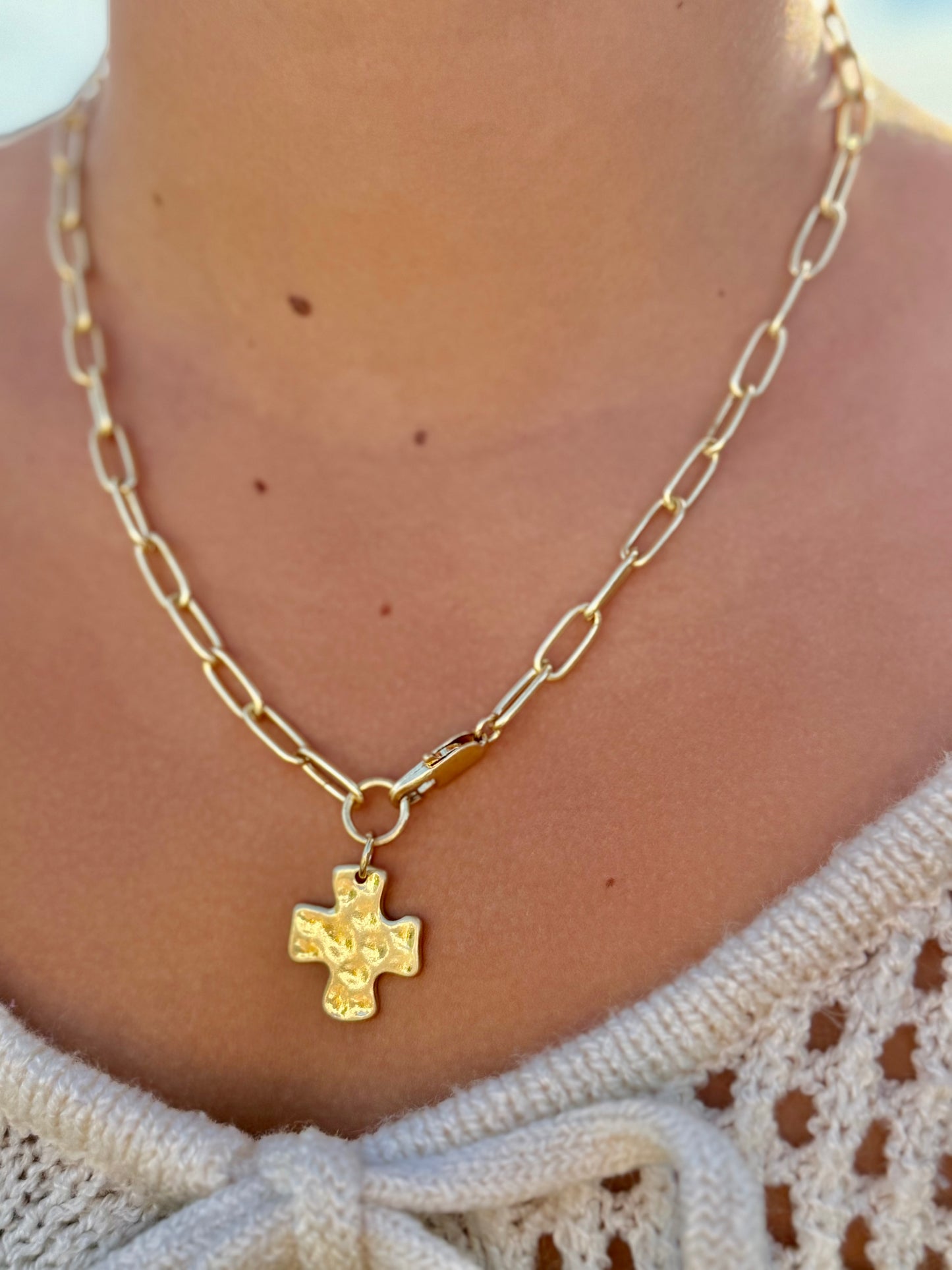 Hammered Gold Cross Necklace, Minimalist Paperclip Chain, Dainty Faith Jewelry