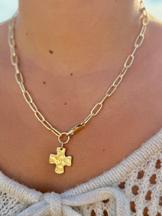 Hammered Gold Cross Necklace, Minimalist Paperclip Chain, Dainty Faith Jewelry