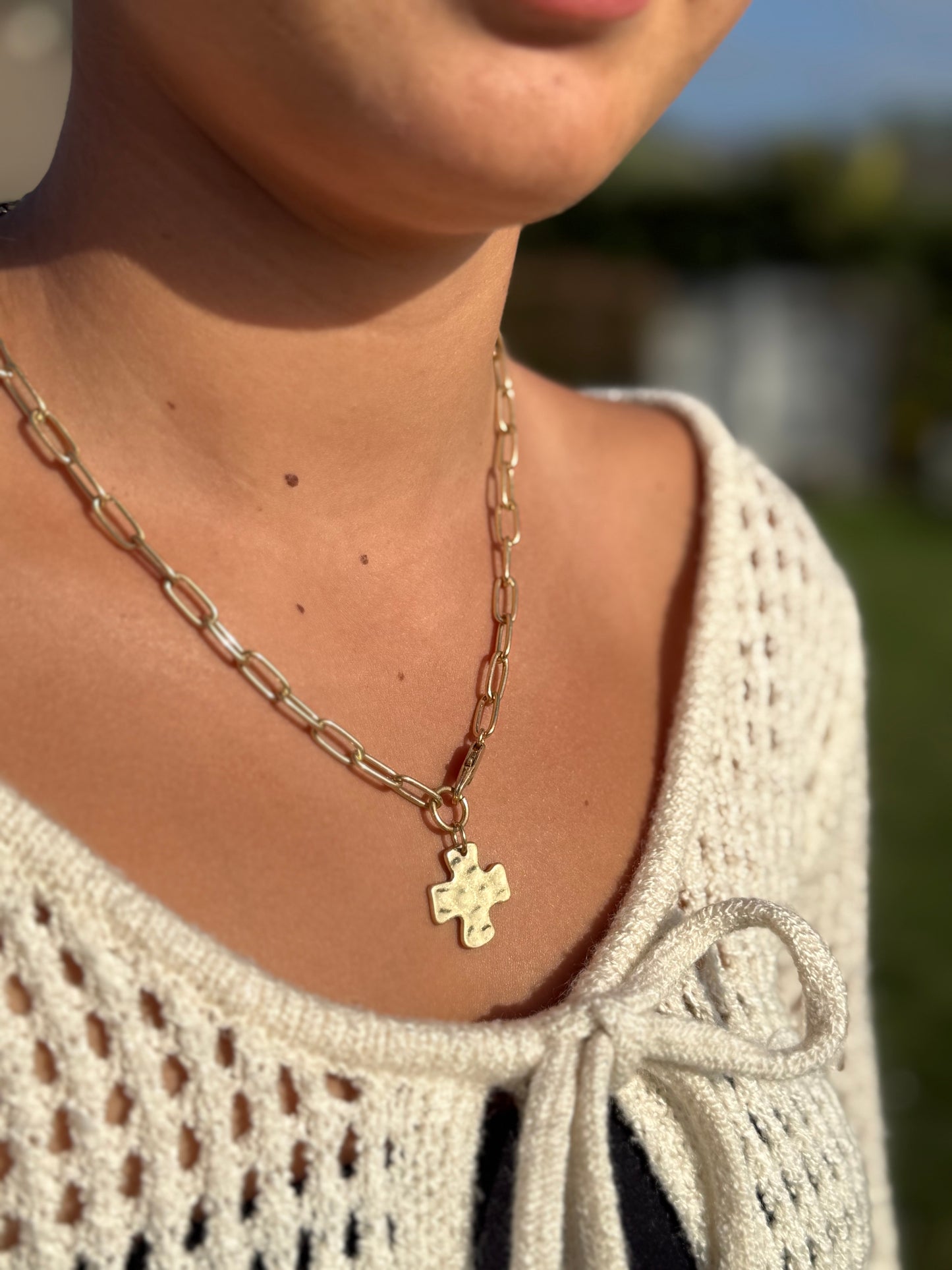Hammered Gold Cross Necklace, Minimalist Paperclip Chain, Dainty Faith Jewelry