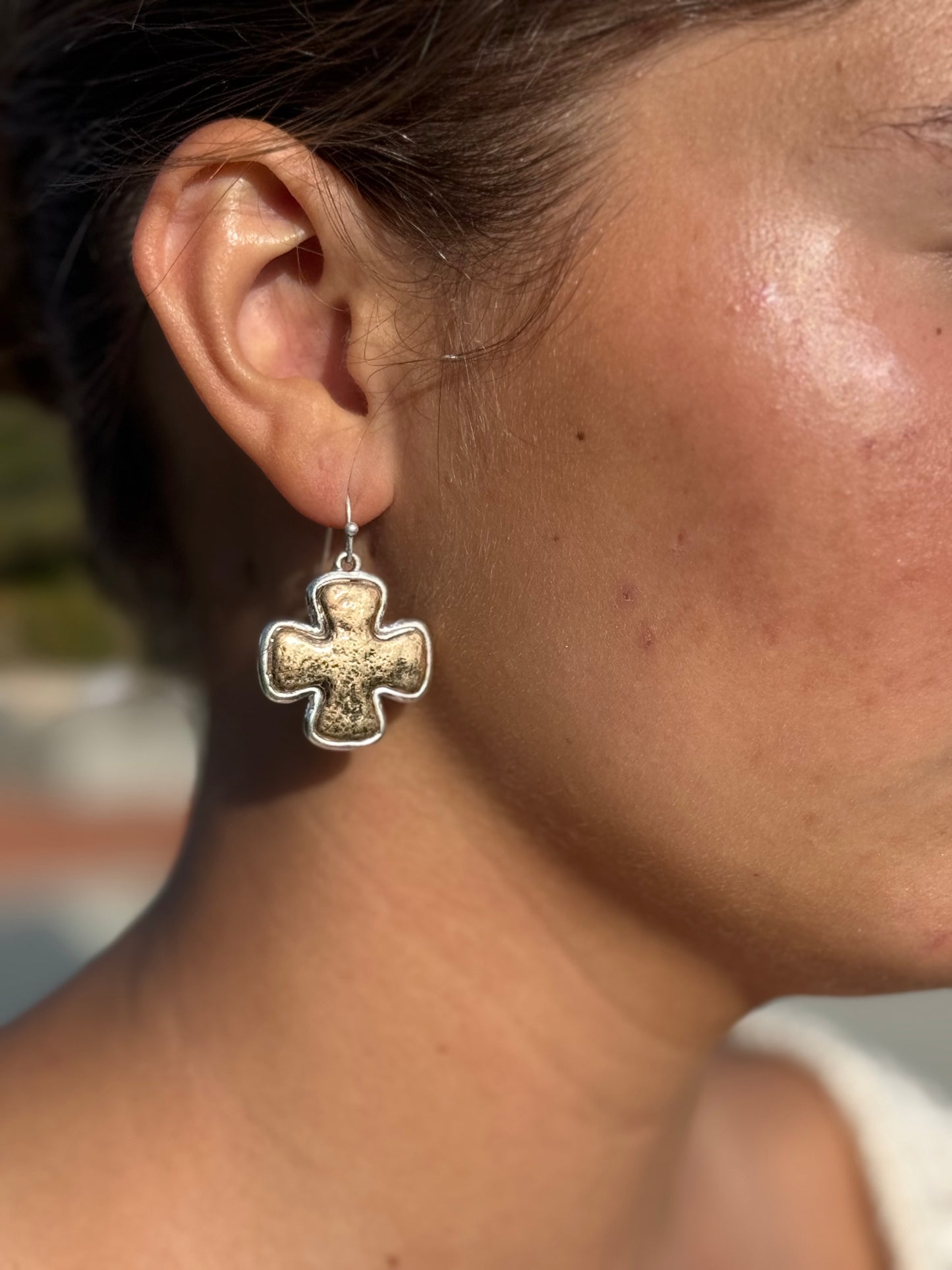 Two Tone Gold and Silver Cross Dangle Earrings