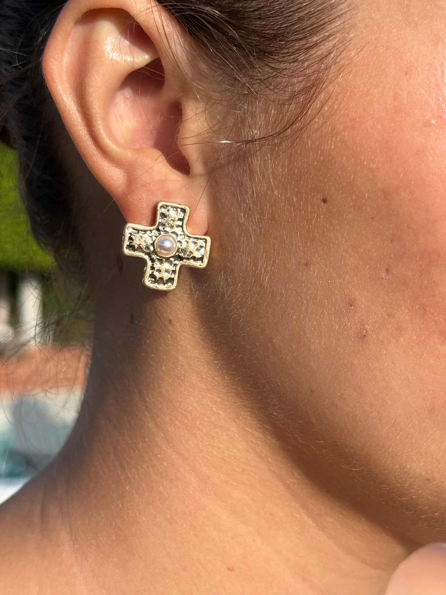 Gold Textured Cross Stud Earrings with Faux Pearl | Vintage Faith Jewelry