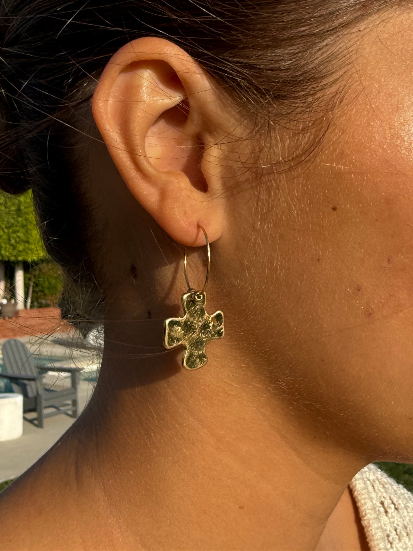 Hammered Gold Plated Cross Hoop Earrings, Faith Jewelry, Minimalist Style