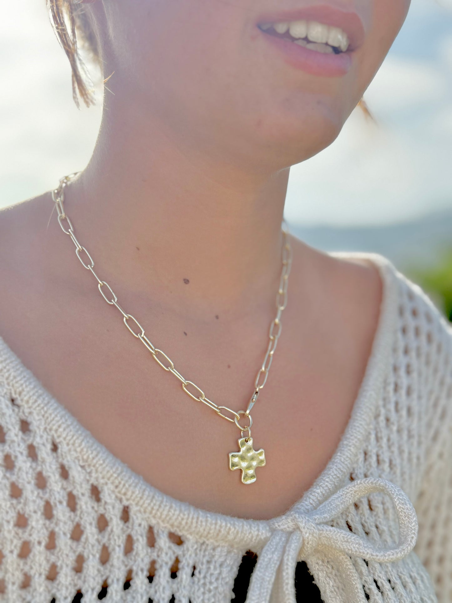 Hammered Gold Cross Necklace, Minimalist Paperclip Chain, Dainty Faith Jewelry