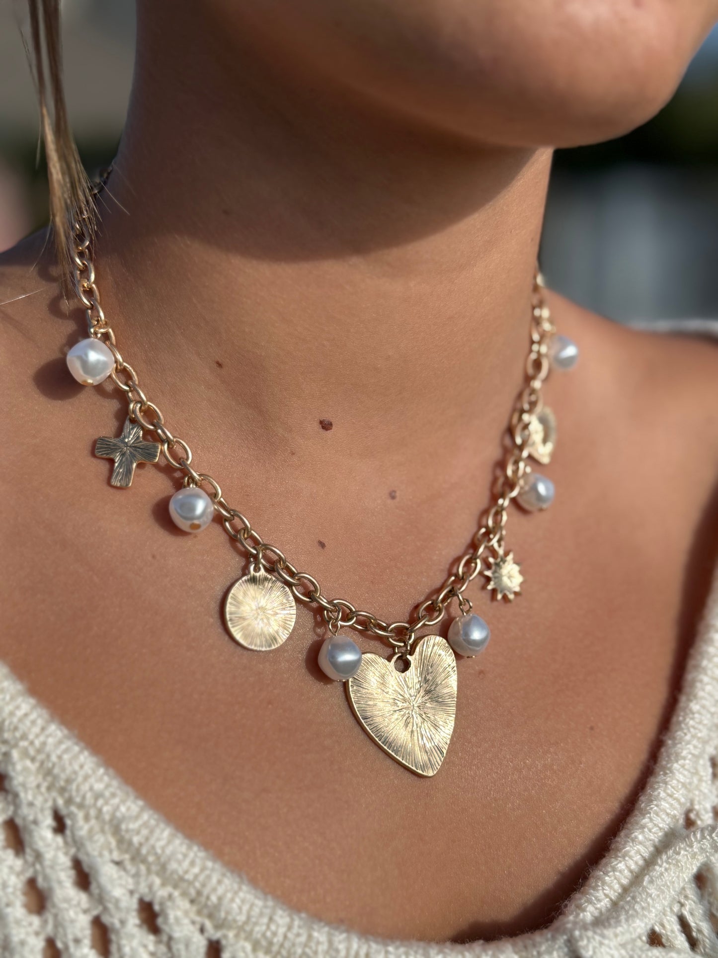Gold Heart Charm Necklace with Pearls, Sunburst Pendant, Chunky Chain, Layering Jewelry