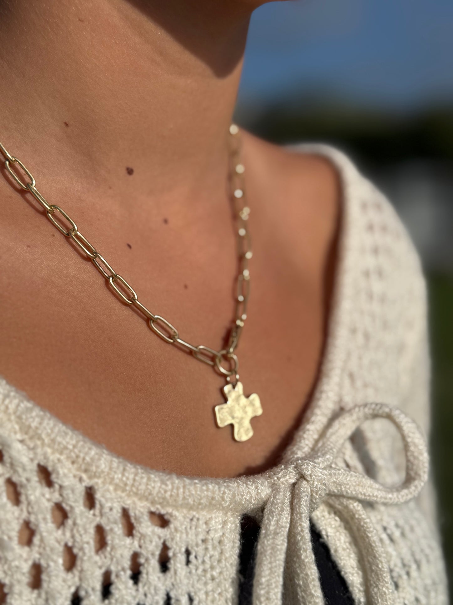 Hammered Gold Cross Necklace, Minimalist Paperclip Chain, Dainty Faith Jewelry