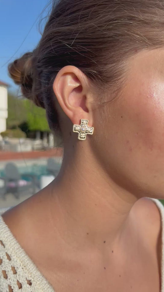 Gold Textured Cross Stud Earrings with Faux Pearl | Vintage Faith Jewelry