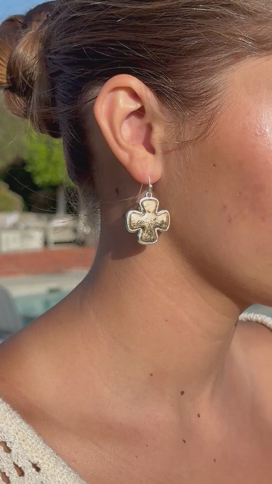 Two Tone Gold and Silver Cross Dangle Earrings